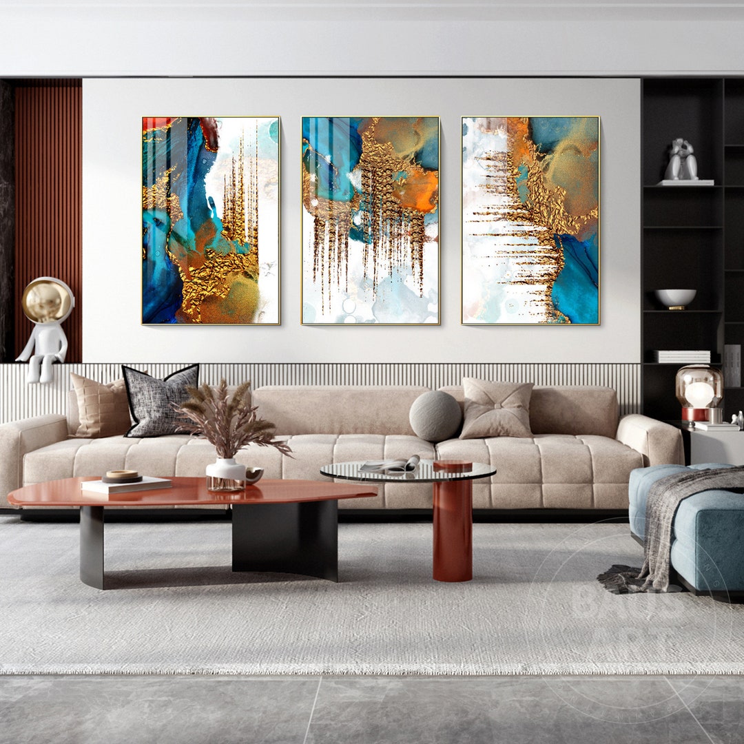 Abstract Wall Art Print Framed Set of 3 Prints Abstract Modern Gold ...