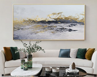 Navy blue gold wall art Abstract Painting blue gold gray decor on canvas Large long Wall Art textured wall art minimalist living room decor