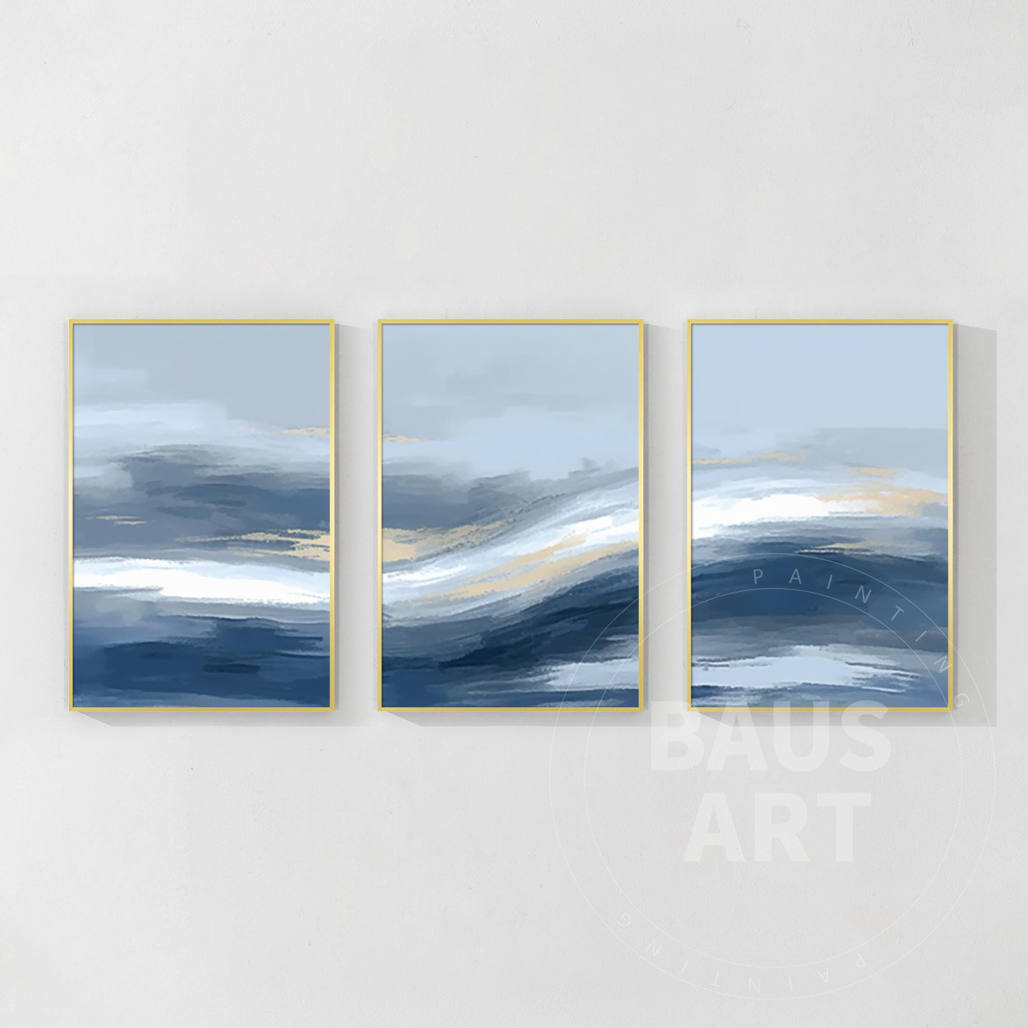 Navy Blue & Gold Abstract Canvas Art: Set of 3 Framed Painting - Etsy