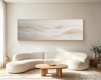 Neutral Abstract Landscape Painting, Beige Blue Wall Art, Textured Minimalist Oil Painting, Japandi Modern Home Decor, Gold Artwork