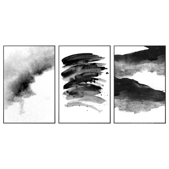 Abstract Black and White Print on Canvas Large 3 Piece Painting Print  Framed Wall Art Set of 3 Prints Watercolor Wall Art Prints 