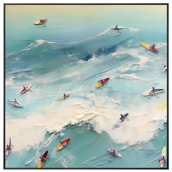 抽象的なサーフィンの海の絵画：テクスチャのあるアクリルインパスト