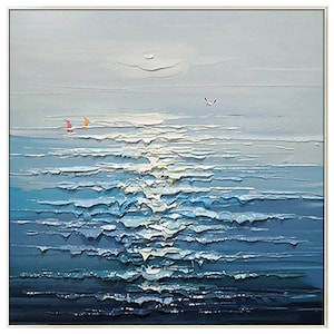 May include: Abstract painting of a seascape with blue and white waves and a light blue sky. Two small red sailboats are visible in the distance.