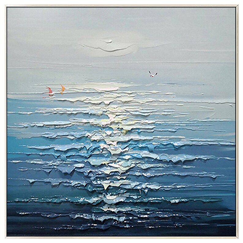 May include: Abstract painting of a seascape with blue and white waves and a light blue sky. Two small red sailboats are visible in the distance.