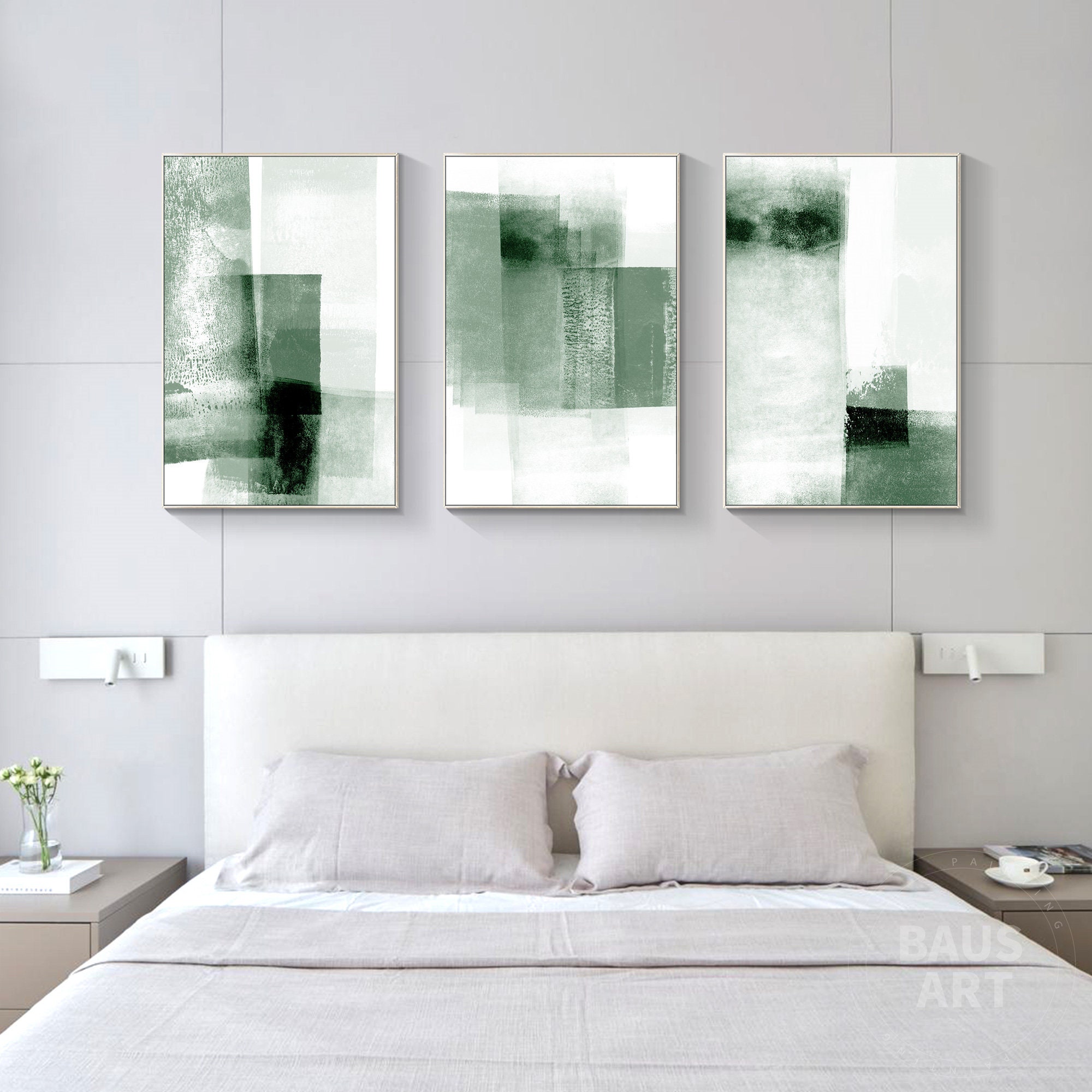 Sage Green Abstract Wall Art Set of 3 Framed Canvas Prints, Minimalist ...