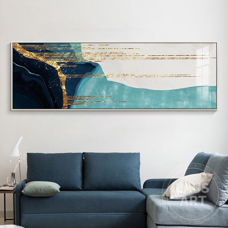 Abstract Print Framed Wall Art Teal and Dark Blue on Canvas Etsy