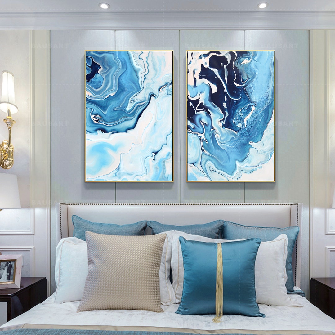 Blue Marbled Abstract Wall Art Abstract Set of 2 Prints on Canvas
