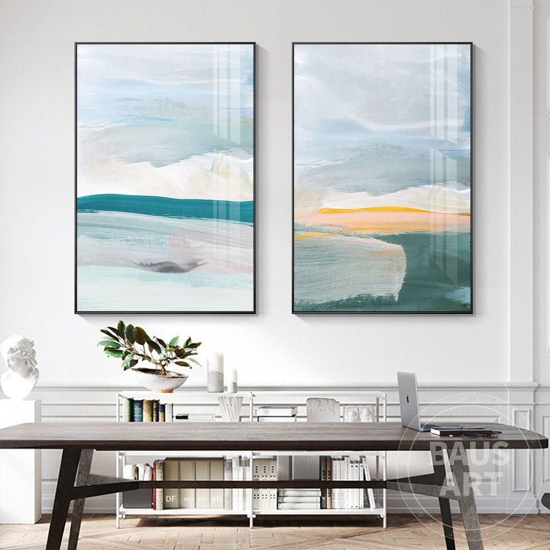 Teal Blue and Grey Art 2 Piece Wall Art Watercolor Abstract Etsy