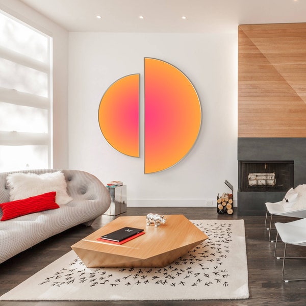 Geometric Abstract Painting Gradient Wall Art Dopamine art Bright Abstract Art Original Orange and pink Neon painting Large round Wall Art