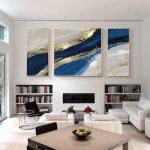 Set of 3 Navy Blue and Gold Abstract Ocean wall art Extra Large wall art Horizontal wall art Triple Framed wall art living room decor