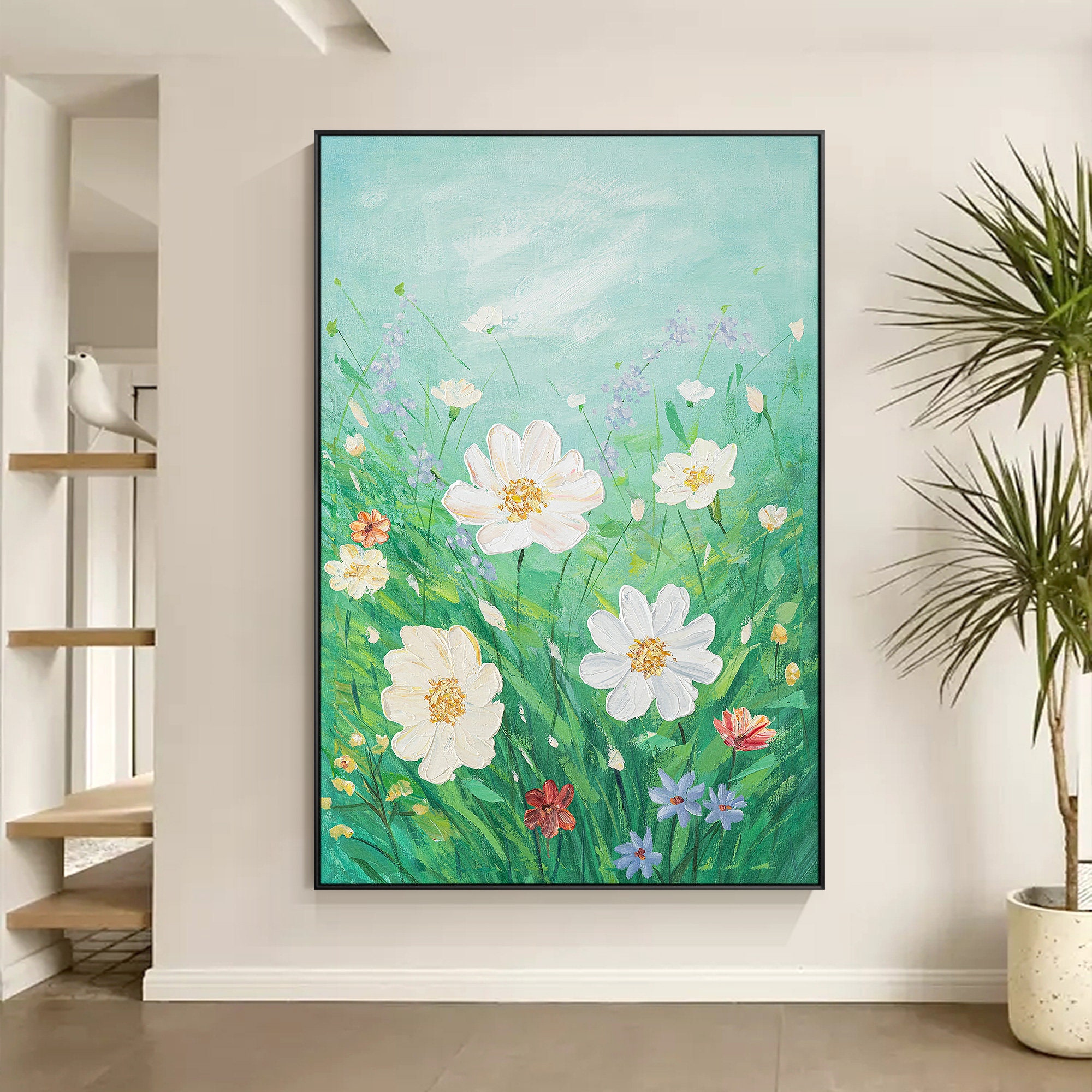Original Abstract Large Green Wall Art Blooming Daisy Canvas Oil