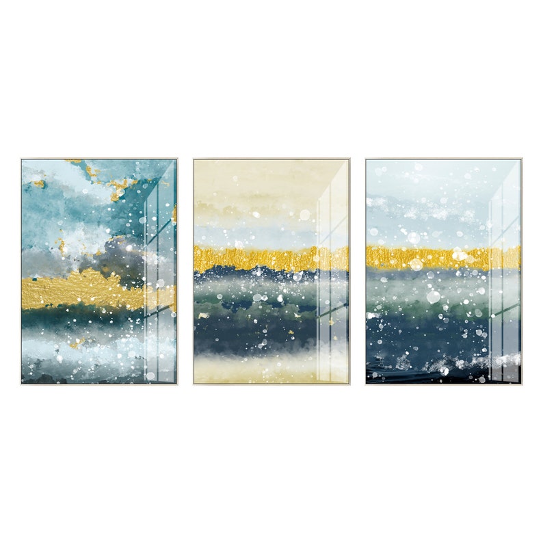 Abstract Painting Framed Wall Art Set of 3 Prints Abstract Green Blue and Yellow Painting Large 3 piece Wall Art prints Ready to Hang