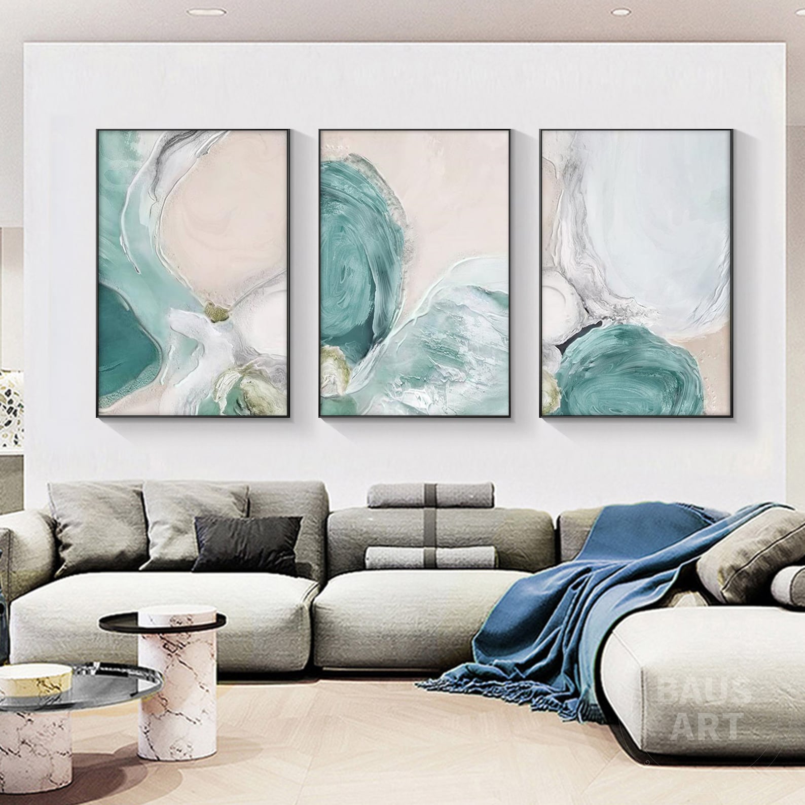 Teal Blue Wall Art Set of 3 Coastal Abstract Print on Canvas Large Wall