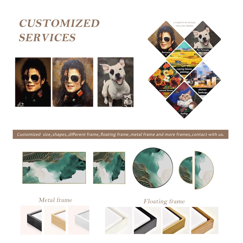 May include: Customized services for art prints, including different sizes, shapes, and frames.  The image shows examples of portraits, abstract landscapes, and animal paintings.  Metal and floating frames are also shown.