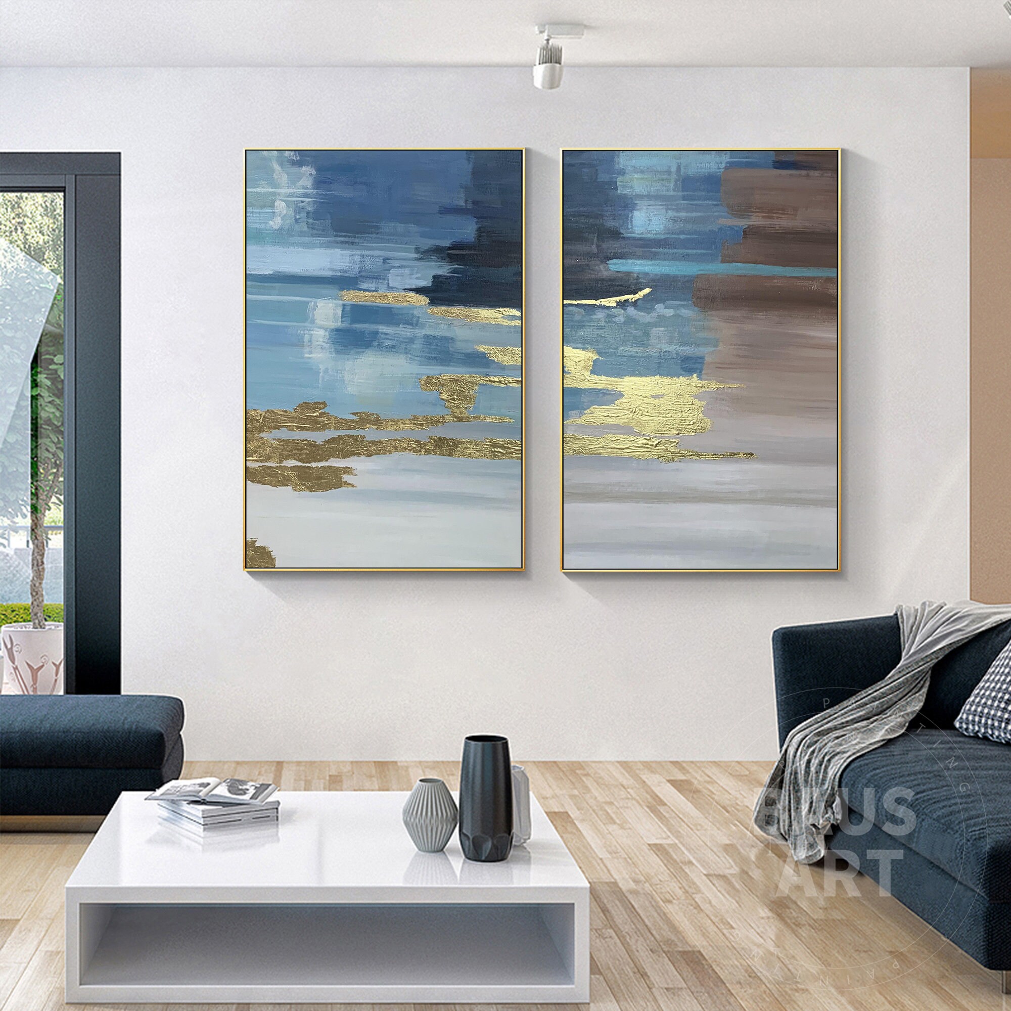 Blue Gold Abstract Wall Art Set of 2 Acrylic Canvas Painting Brown ...