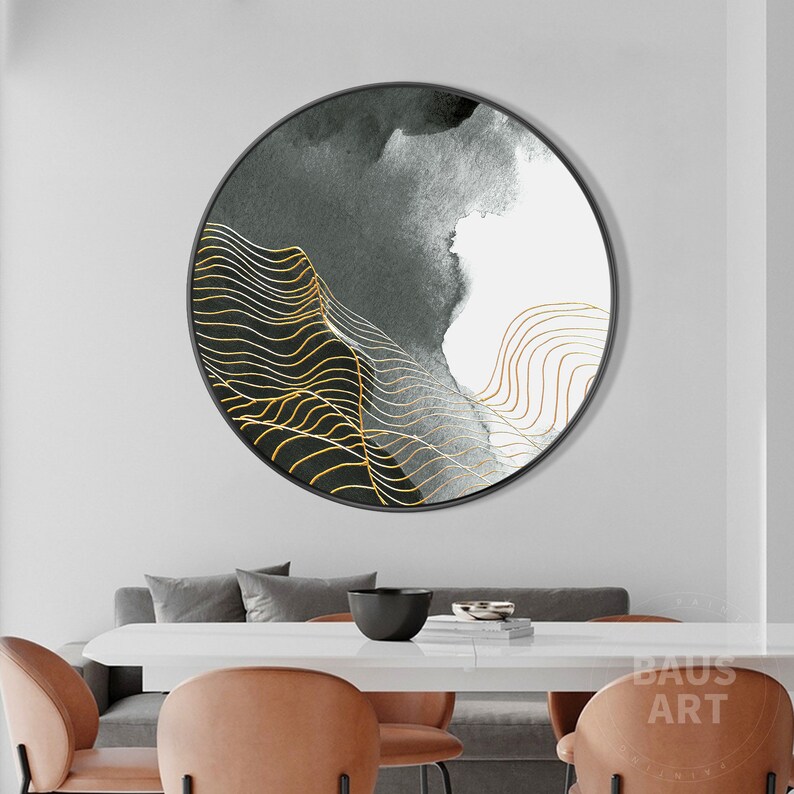 Black and Gold Abstract Prints on Canvas Round Framed Wall Art Etsy
