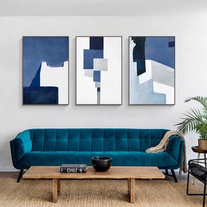 minimalism Set Of 3 abstract blue wal art Acrylic Painting On Canvas navy blue wall art Large Wall Art  Modern art living room decor
