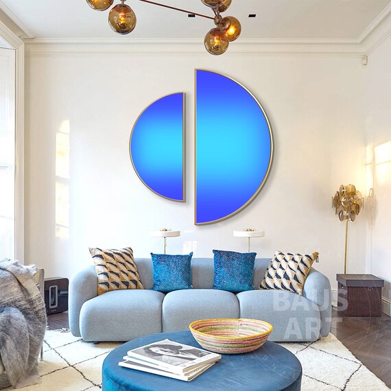 Dopamine Art Geometric Abstract circle blue wall art Gradient Wall Art  blue Neon  painting Large round Wall Art set of 2 living room decor