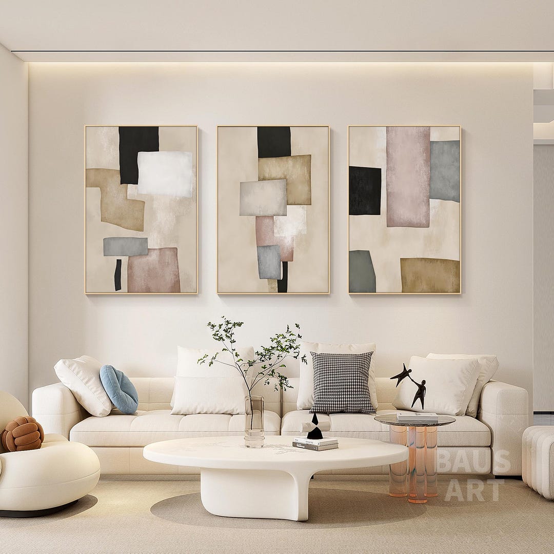 Geometric Abstract Canvas Art Set: Beige Black Pink Boho Wall Decor - Etsy