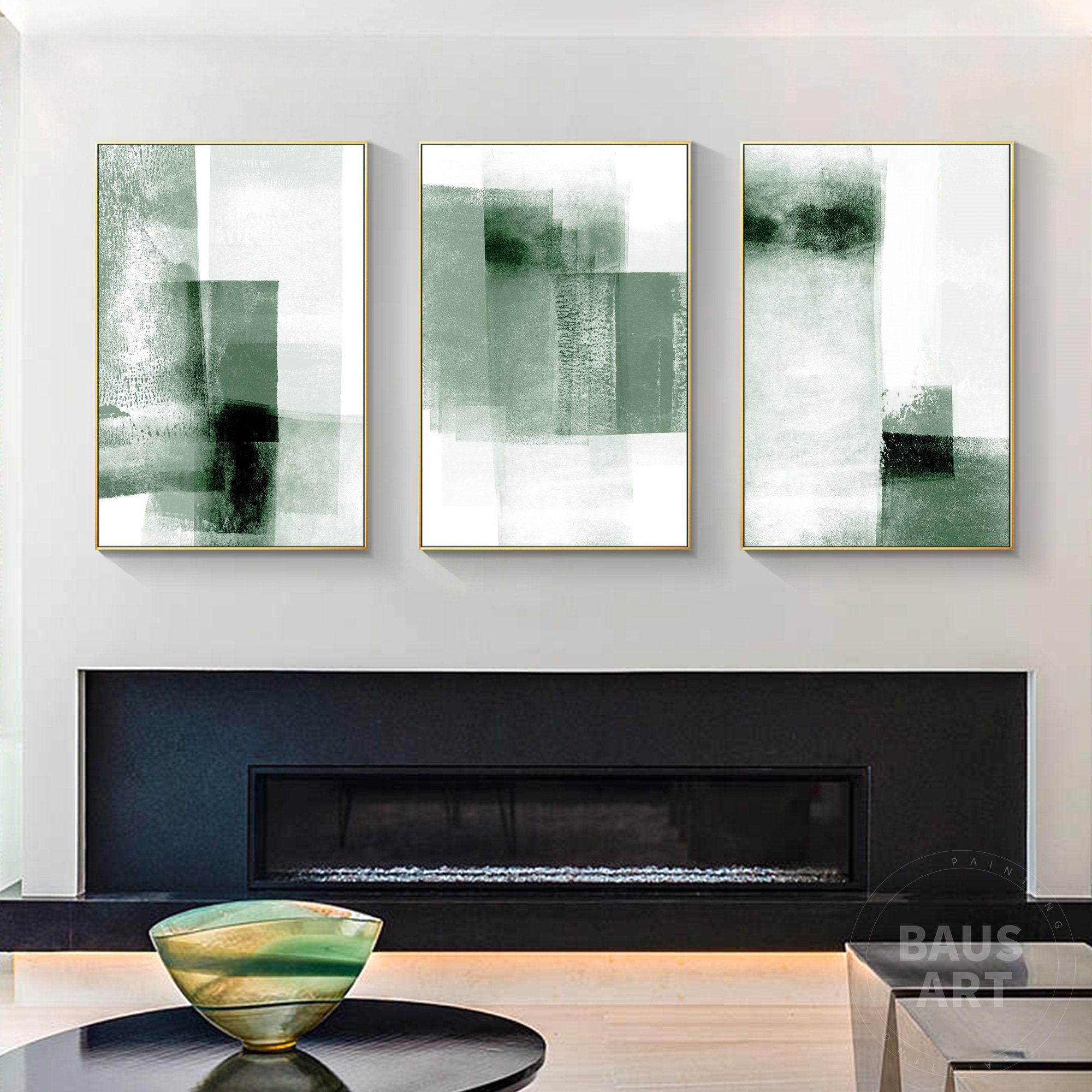 Sage Green Abstract Wall Art Set of 3 Framed Canvas Prints, Minimalist ...