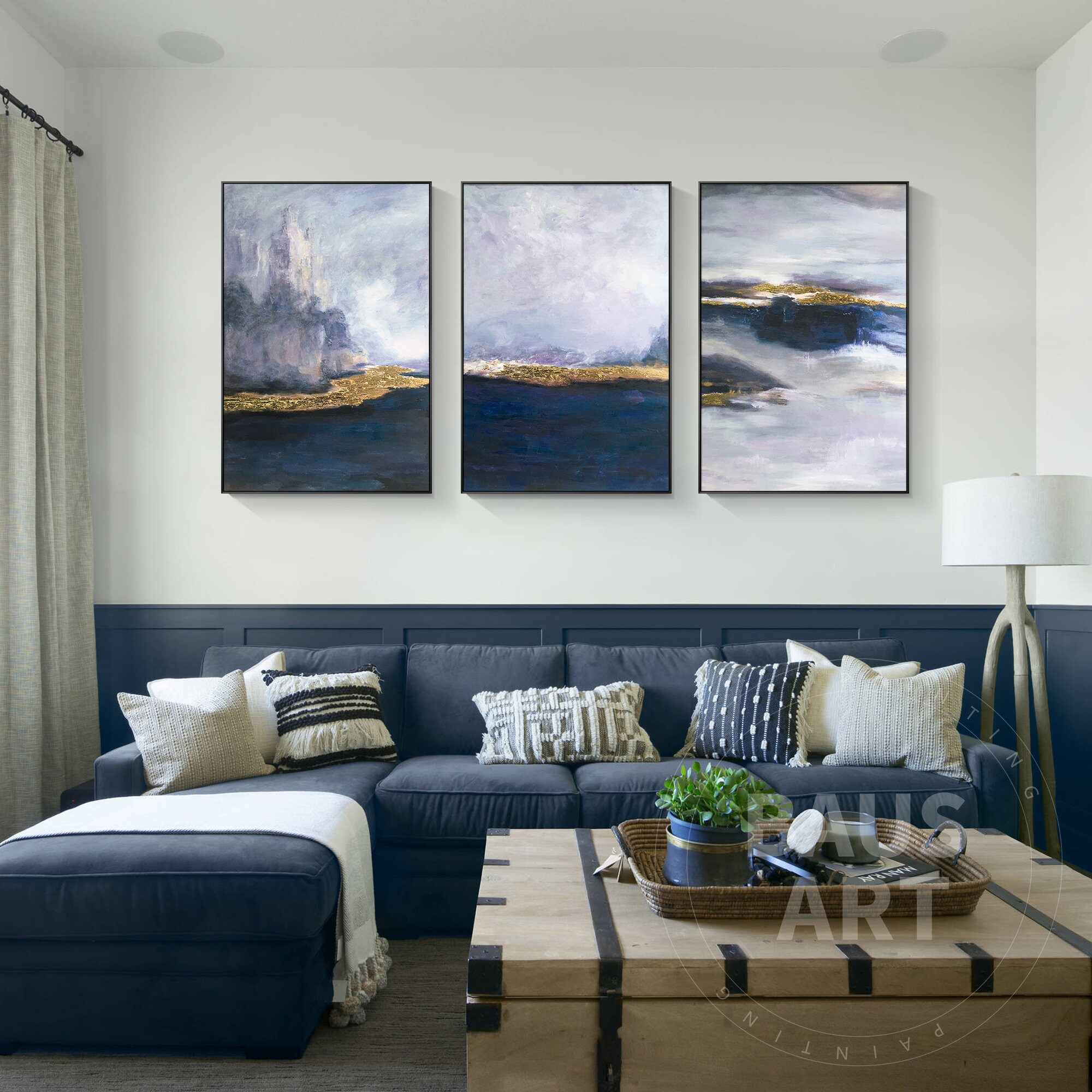 Abstract Blue Gold Wall Art Set of 3 Deep Blue Art on Canvas Large ...