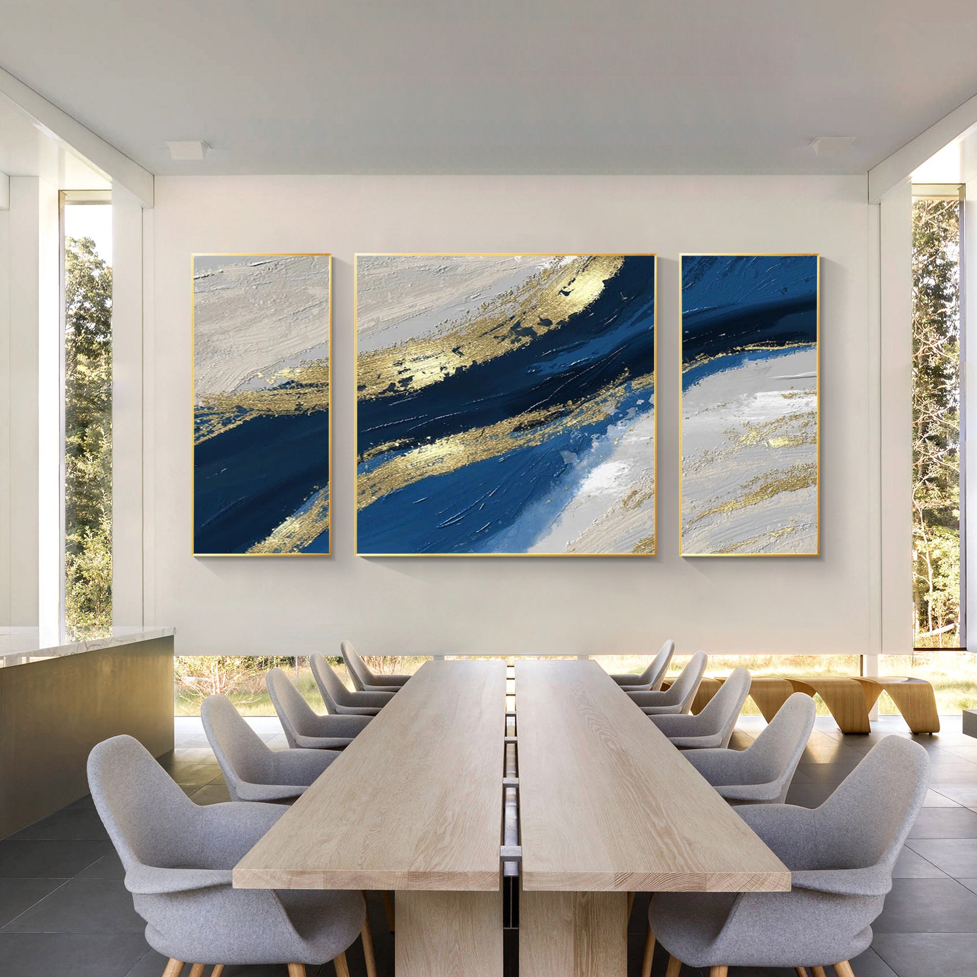 Navy Blue Gold Abstract Triptych Wall Art: Large Textured Canvas