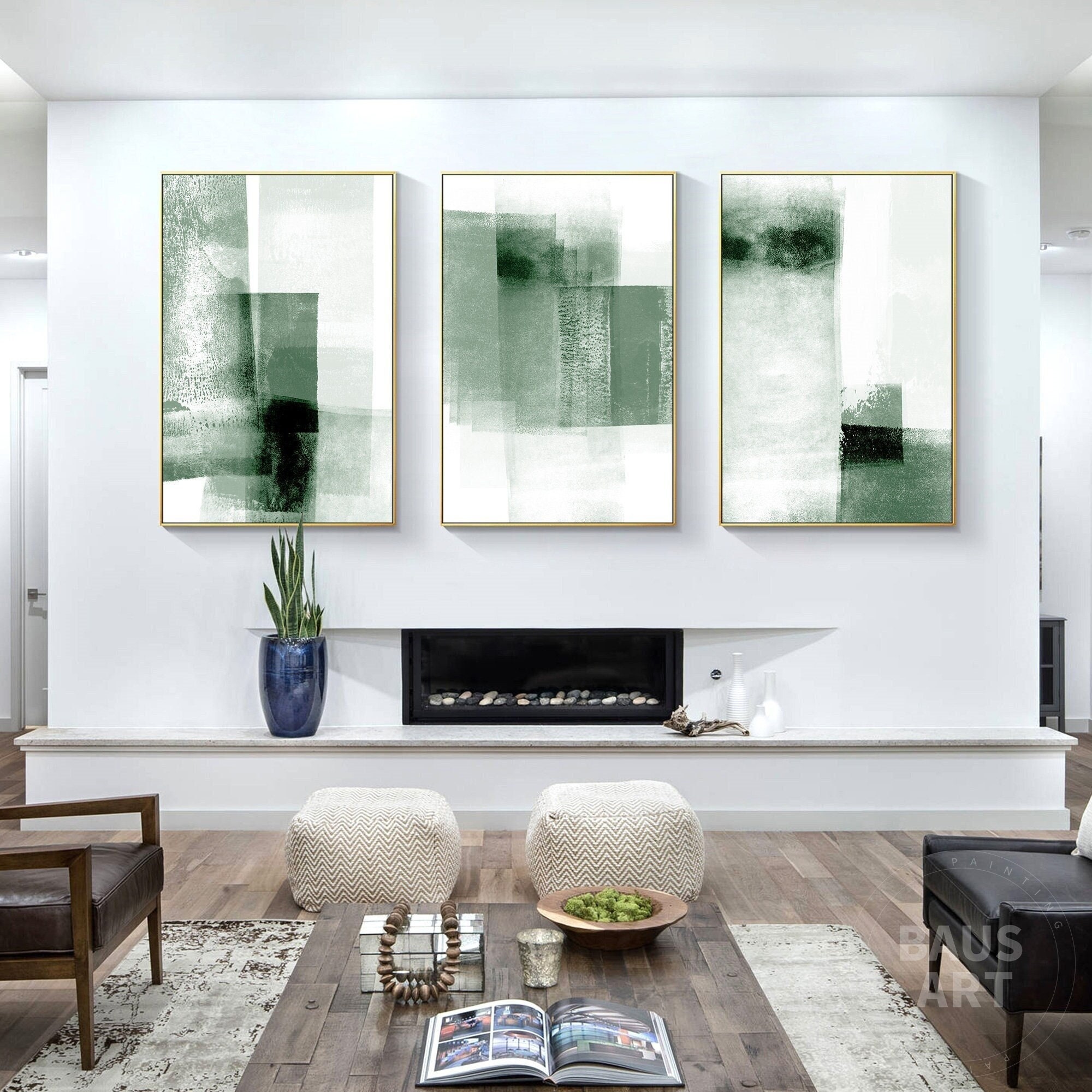 Sage Green Abstract Wall Art Set of 3 Framed Canvas Prints, Minimalist ...
