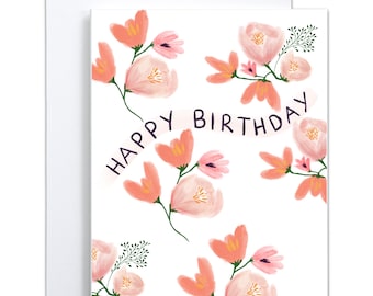 Tarjeta de feliz cumpleaños con flores rosas - Interior en blanco / Tarjeta de cumpleaños con flores / Tarjeta de cumpleaños para hija / Bonita tarjeta de cumpleaños / Cumpleaños femenino