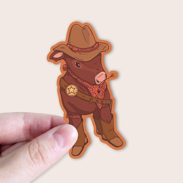 Little Deputy - Laminated Sticker 3.09" x 1.5" Inches - Young Bull - Calf - Cowboy Country Life - Cute Country Sticker - Baby Cow Sheriff