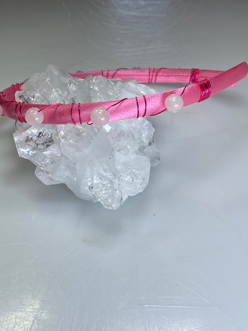For Children Rose Quartz Beads Wrapped with Deep Pink Wire on a Pink Satin Headband