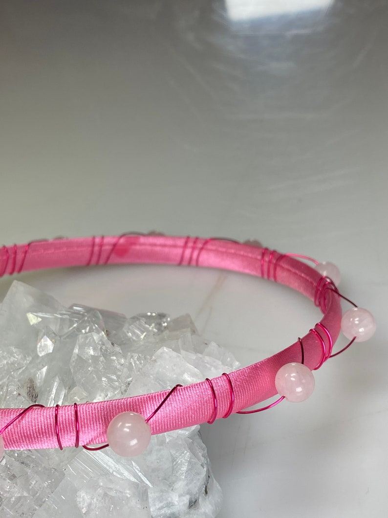For Children Rose Quartz Beads Wrapped with Deep Pink Wire on a Pink Satin Headband