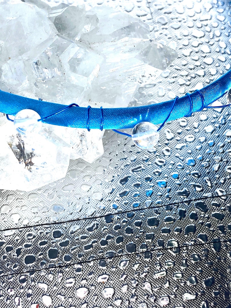 Quartz Crystal Beads Wrapped with Teal Wire on a Blue Satin Headband