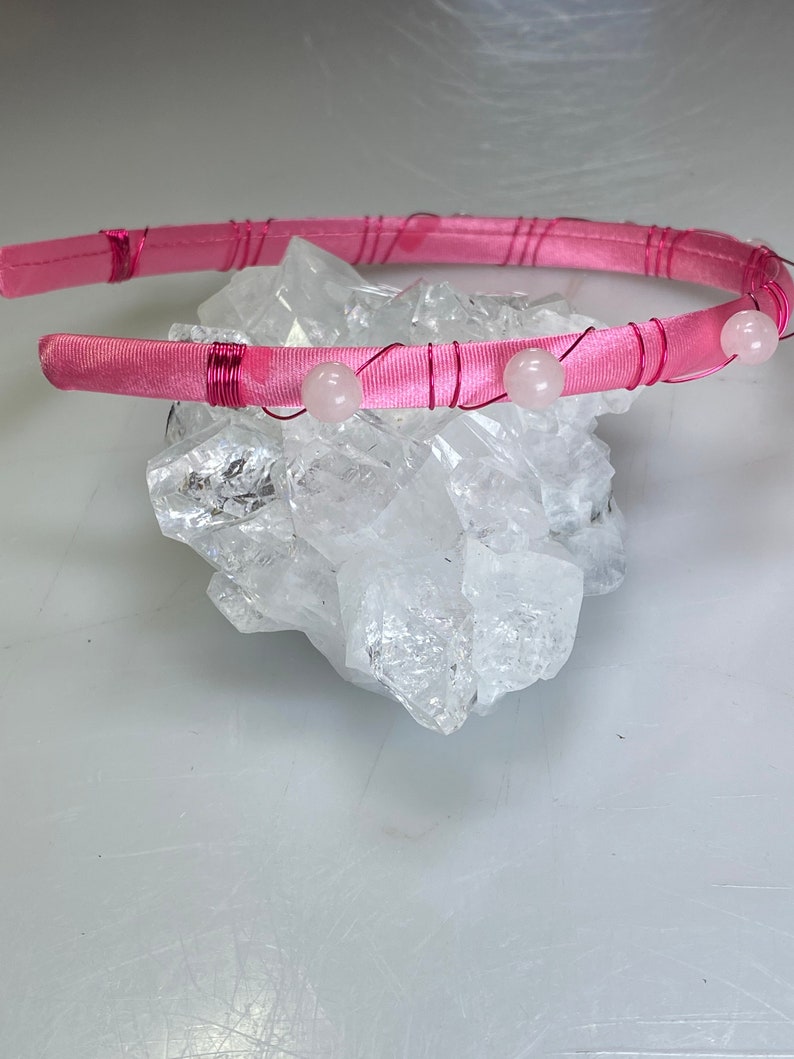 For Children Rose Quartz Beads Wrapped with Deep Pink Wire on a Pink Satin Headband