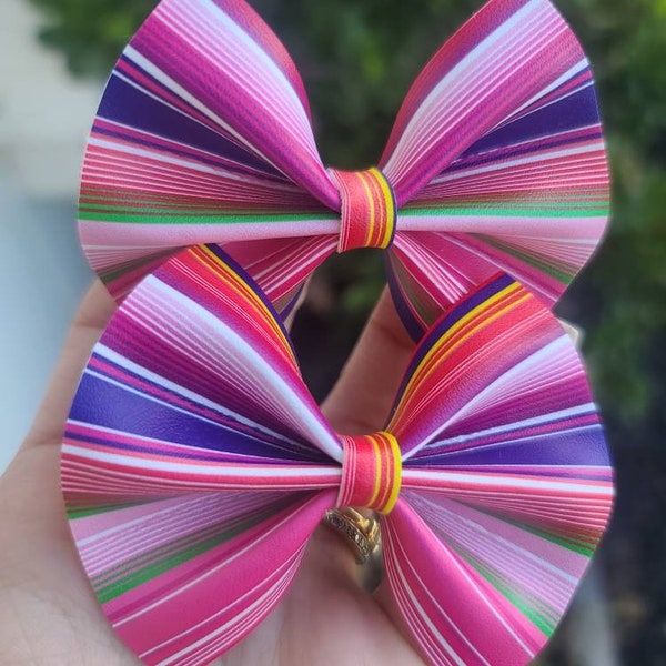 Pink Serape Stripes bow/Gigi bow/Vegan Leather/ Cinco De Mayo
