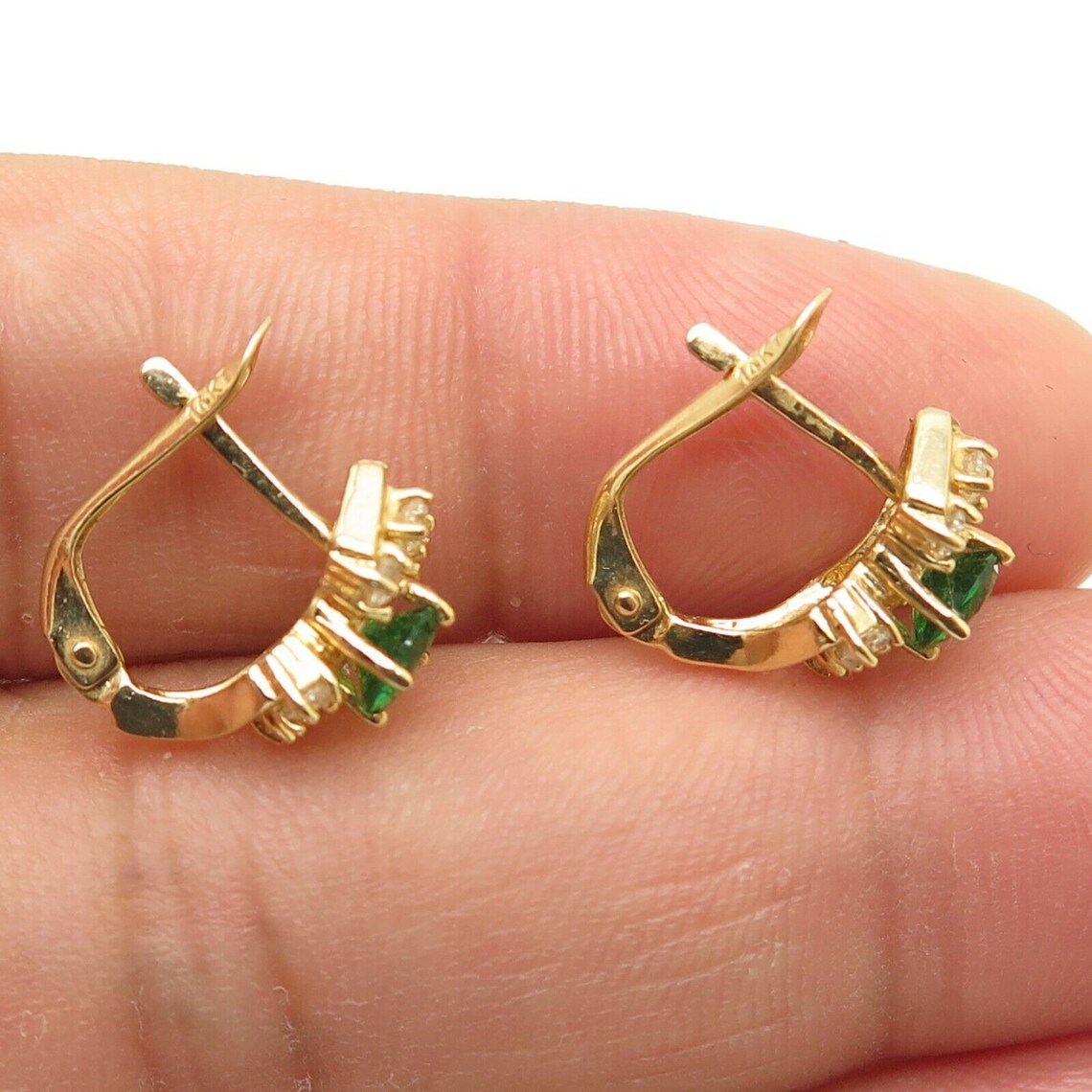 14K Yellow Gold Emerald & Cubic Zirconia English Lock Earrings Etsy