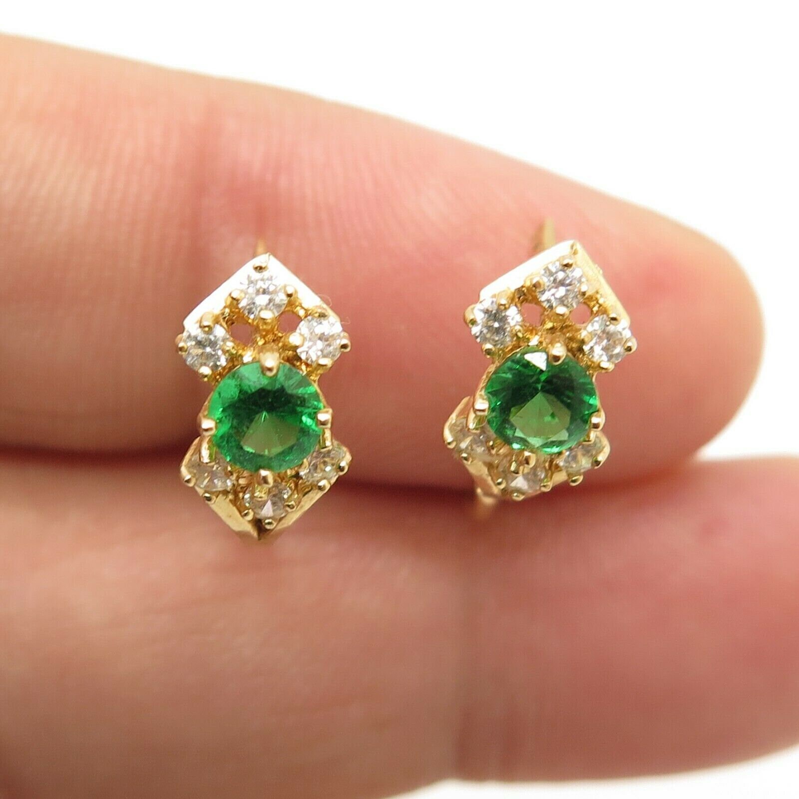 14K Yellow Gold Emerald & Cubic Zirconia English Lock Earrings Etsy