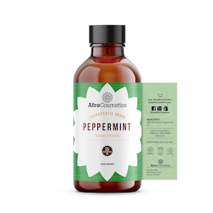 May include: A brown glass bottle with a black cap, labeled "AfroCosmetics Therapeutic Grade Peppermint Mentha Piperita USDA Organic". The bottle is on a white background with a label on the right side listing ingredients, usage instructions, and contact information.