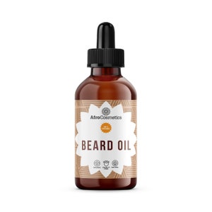 May include: A brown glass bottle with a dropper top. The label is tan with a brown floral pattern and the text "AfroCosmetics 100% Organic BEARD OIL Organic Cruelty Free Natural".