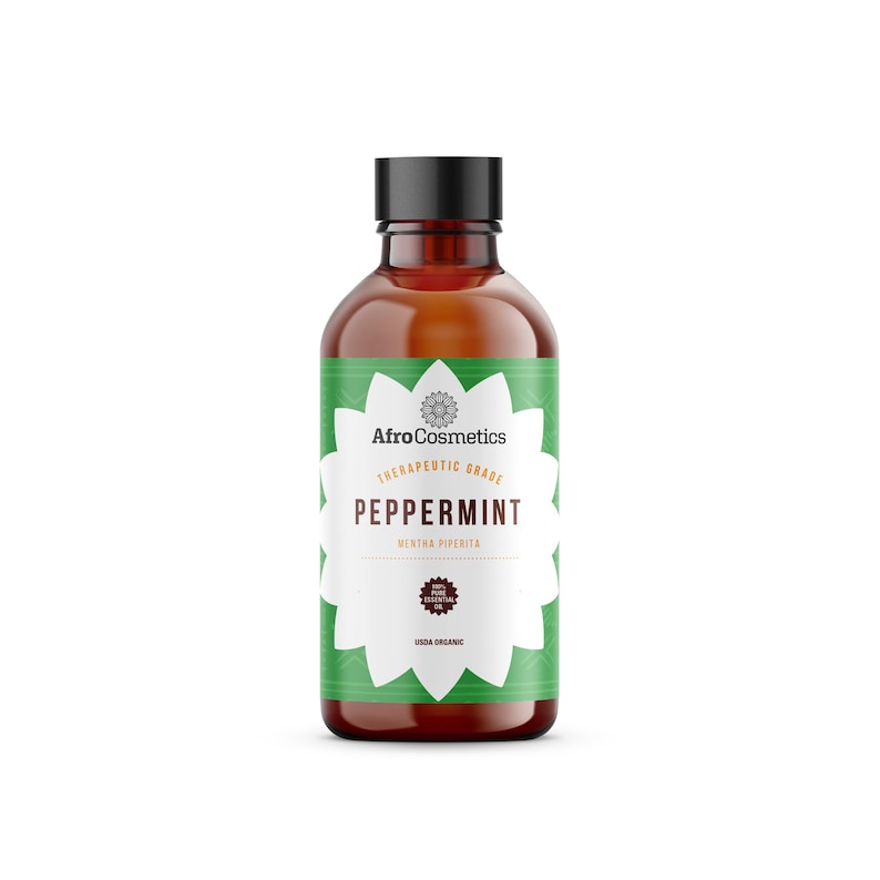 May include: A brown glass bottle with a black cap, labeled "AfroCosmetics Therapeutic Grade Peppermint Mentha Piperita Pure Essential Oil USDA Organic".