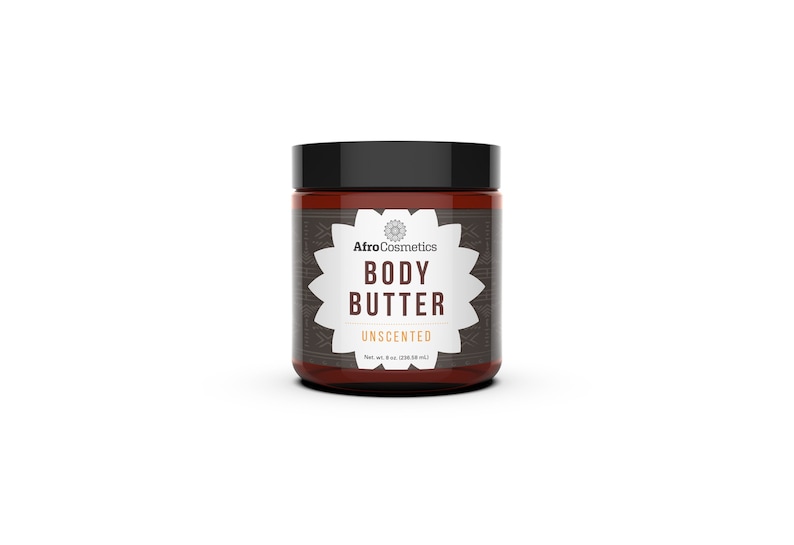 May include: A brown jar with a black lid containing unscented body butter. The label is black with white text that reads "AfroCosmetics Body Butter Unscented Net wt. 8 oz (226.8 g)".