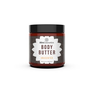 May include: A brown jar with a black lid containing unscented body butter. The label is black with white text that reads "AfroCosmetics Body Butter Unscented Net wt. 8 oz (226.8 g)".