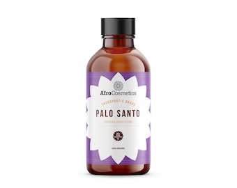 May include: A brown glass bottle with a black cap and a purple label. The label says "AfroCosmetics Therapeutic Grade Palo Santo Bursera Graveolens 100% Pure Essential Oil USDA Organic".