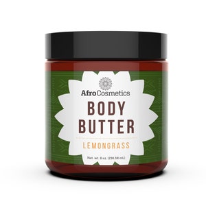 May include: A brown glass jar with a black lid containing lemongrass body butter. The label is green with white text that reads "Afro Cosmetics Body Butter Lemongrass Net. wt. 8 oz. (236.58 mL)"