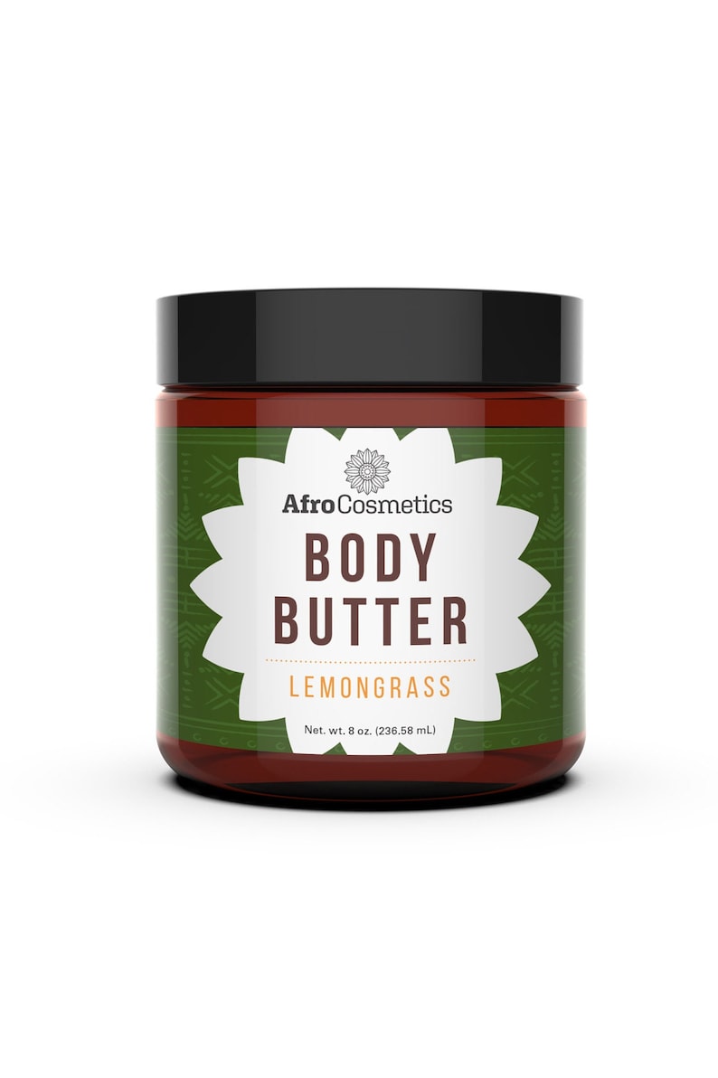 May include: A brown glass jar with a black lid containing lemongrass body butter. The label is green with white text that reads "Afro Cosmetics Body Butter Lemongrass Net. wt. 8 oz. (236.58 mL)"