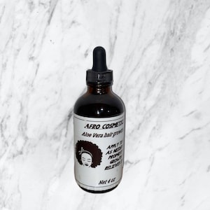 Puede incluir: Una botella de vidrio marr&oacute;n con un gotero y una etiqueta blanca que dice "AFRO COSMETICS Aloe Vera hair growth APPLY TO AS NEEDED PROMOTES GROWTH RELIEVES" y "Net 4 oz".