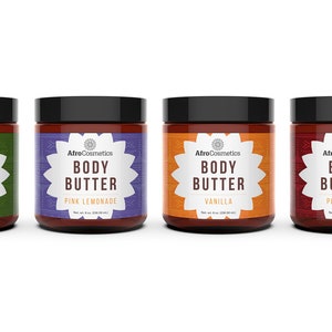May include: Six brown glass jars with black lids and white labels. Each jar contains body butter and has a different scent: Lavender, Lemongrass, Pine Lemonade, Vanilla, Pink Sugar, and Sandalwood.