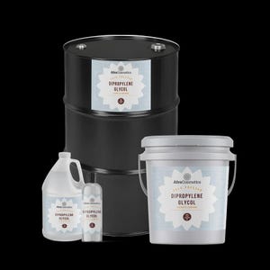 May include: A large black industrial drum, a light gray plastic bucket, a white plastic jug, and a clear plastic bottle, all featuring labels with the text AfroCosmetics Cold Pressed Dipropylene Glycol and a floral graphic design element.