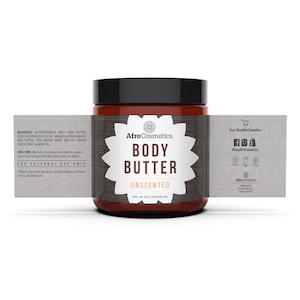 May include: A brown glass jar with a black lid containing unscented body butter. The label is grey with black text and reads "AfroCosmetics Body Butter Unscented" with a floral design. The jar is 8 oz (236.59 ml).