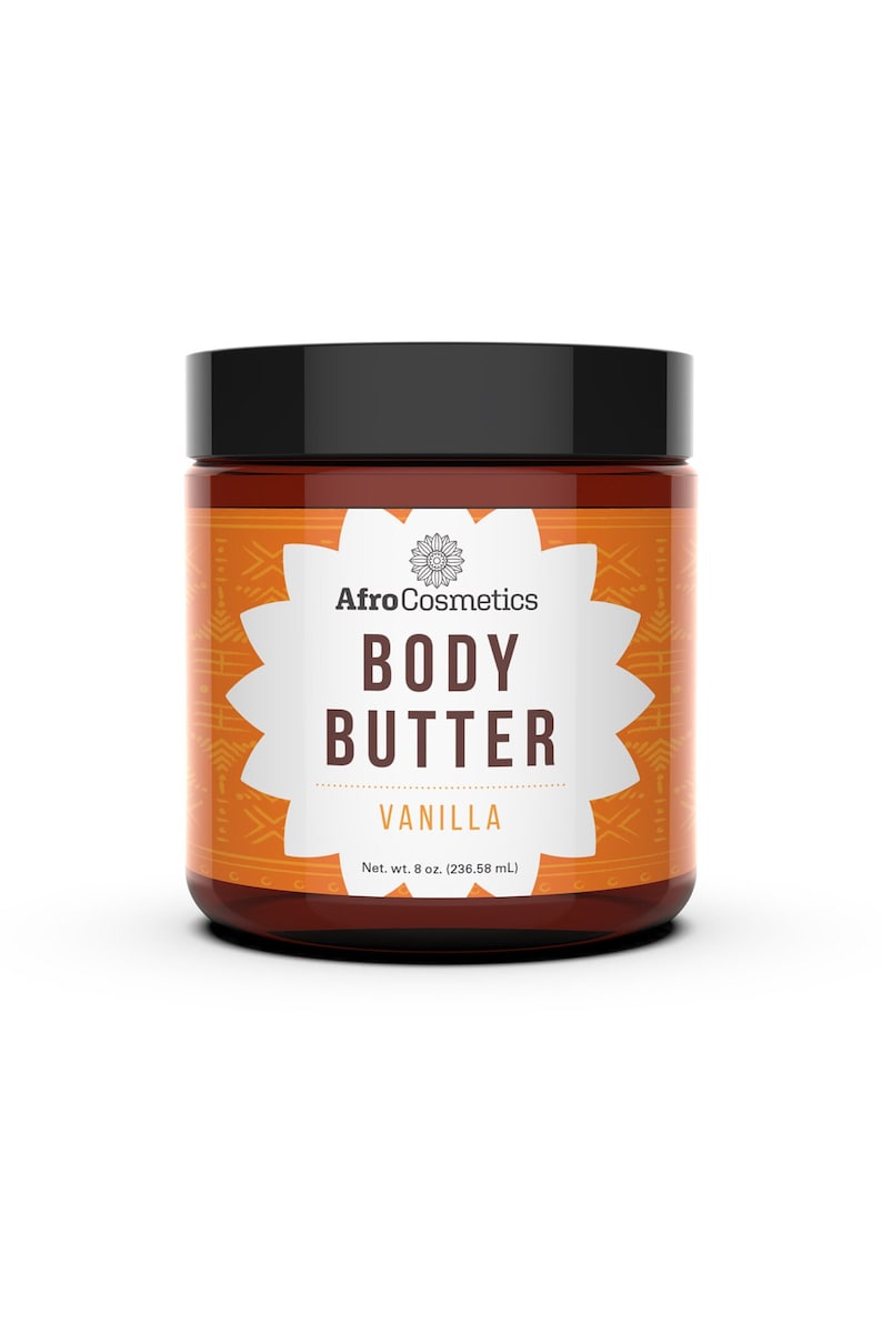 May include: A brown glass jar with a black lid containing vanilla body butter. The label is orange with a white flower design and the text "Afro Cosmetics Body Butter Vanilla Net. wt. 8 oz. (236.58 mL)"
