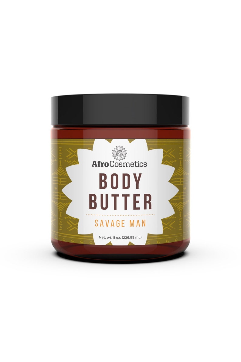 May include: A brown glass jar with a black lid containing body butter. The label is gold with a black and white design and the text "Afro Cosmetics Body Butter Savage Man Net. wt. 8 oz. (236.58 mL)"